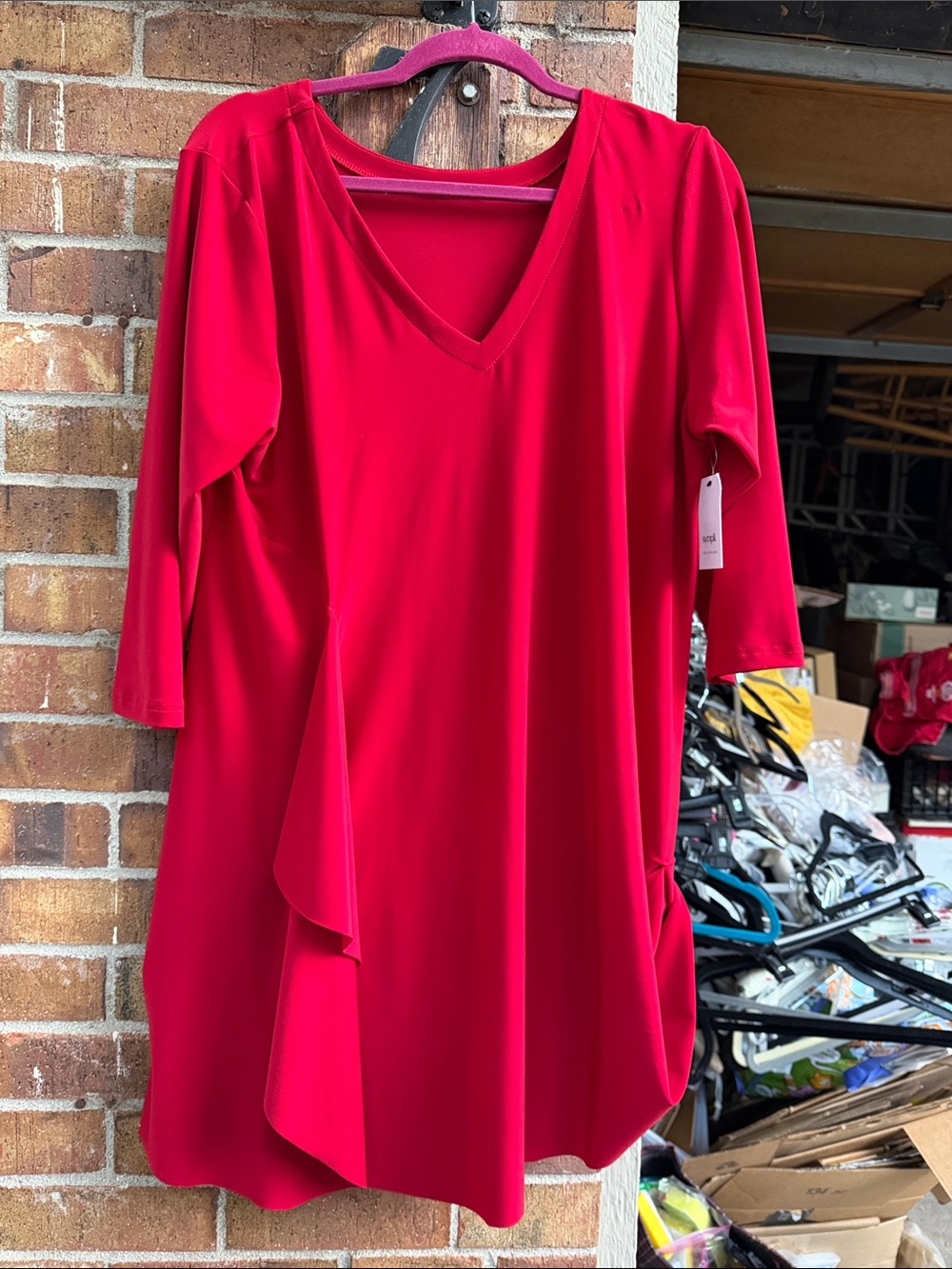 NWT Sympli Drama Tunic Red V-Neck Draped 3/4 Sleeve $165 Tunic